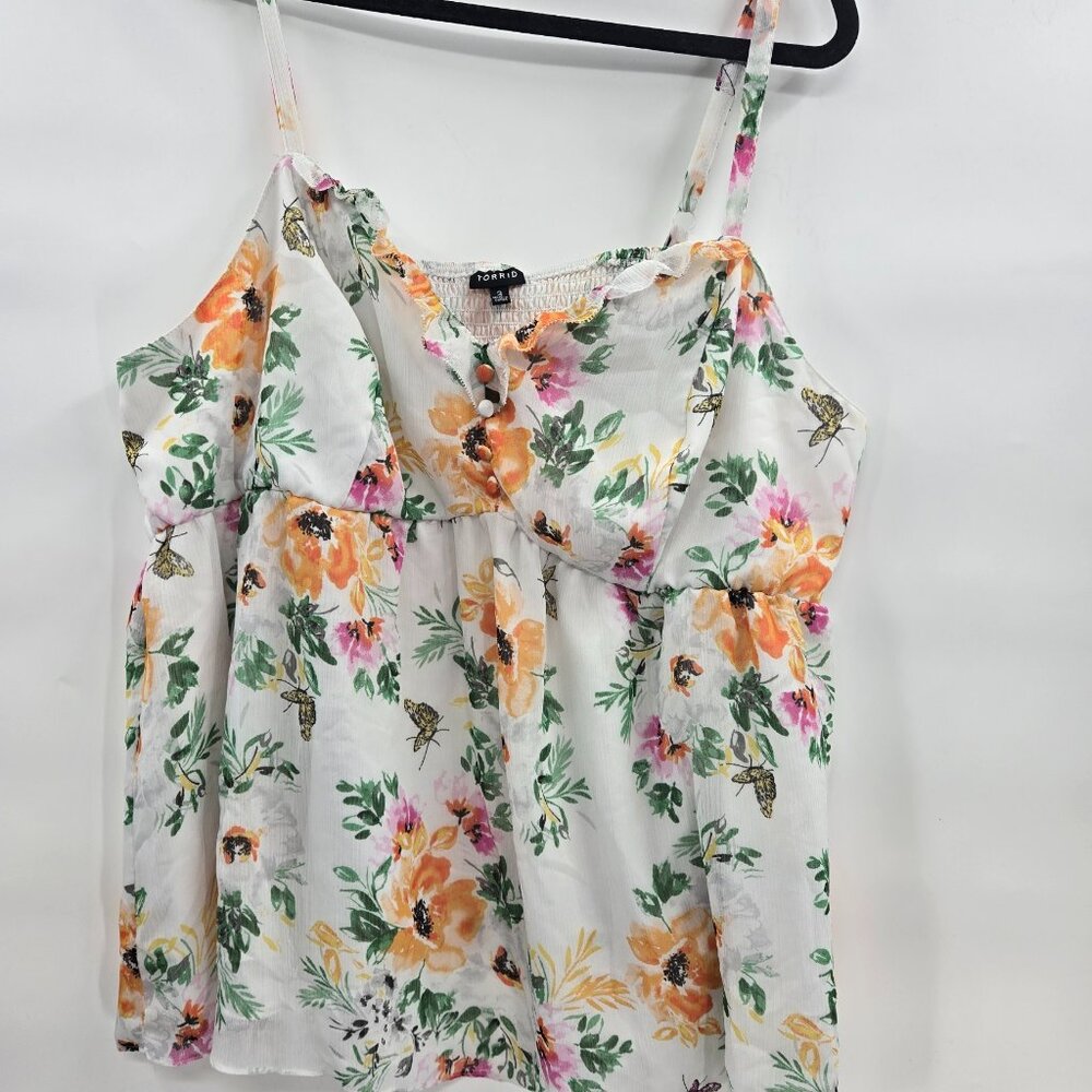 Torrid White Floral Butterflies Chiffon Babydoll Ruching Cami Top 3x